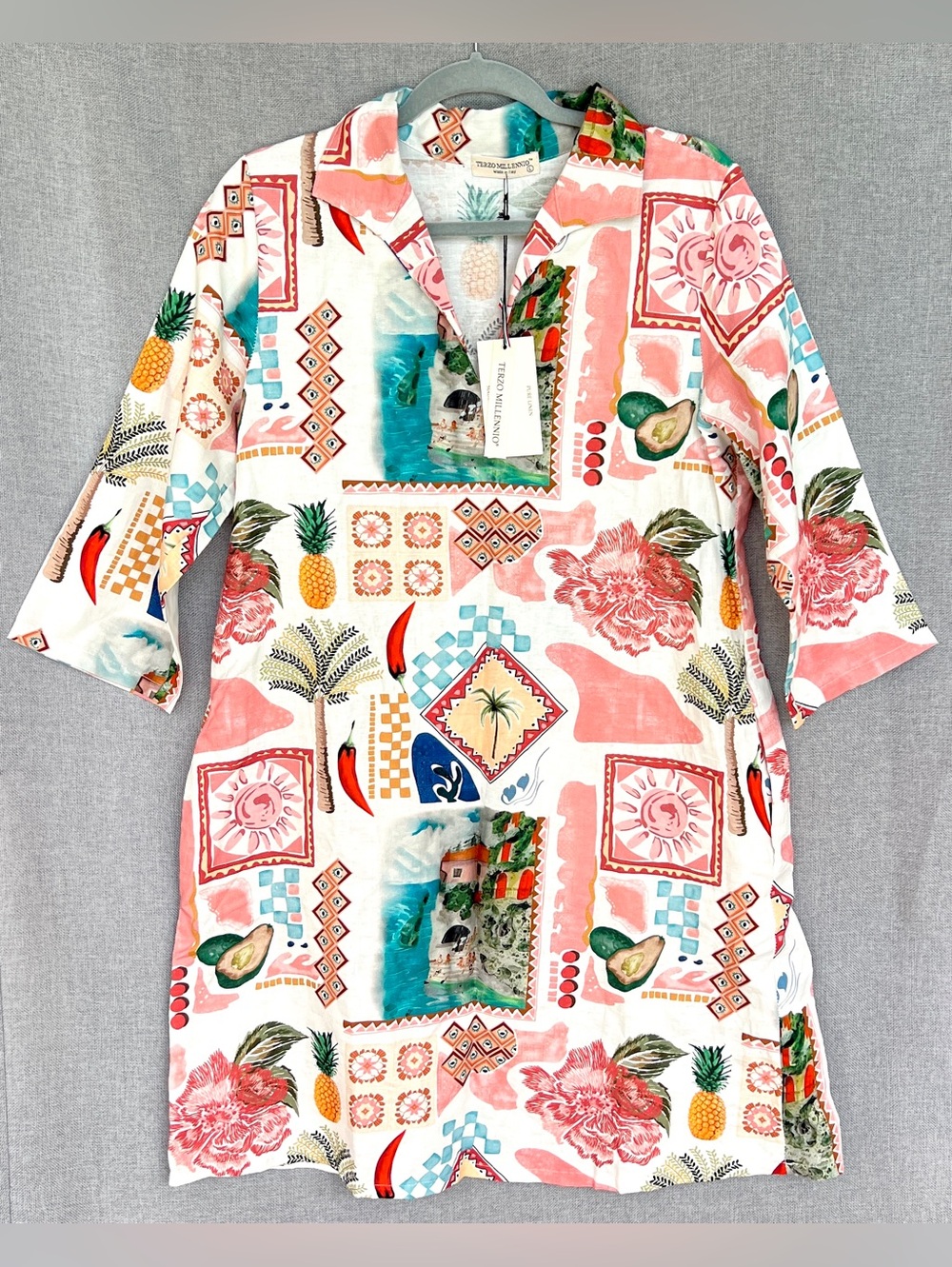 Terzo Millennio above the knee 3/4 sleeve linen dress cream pink blue size L